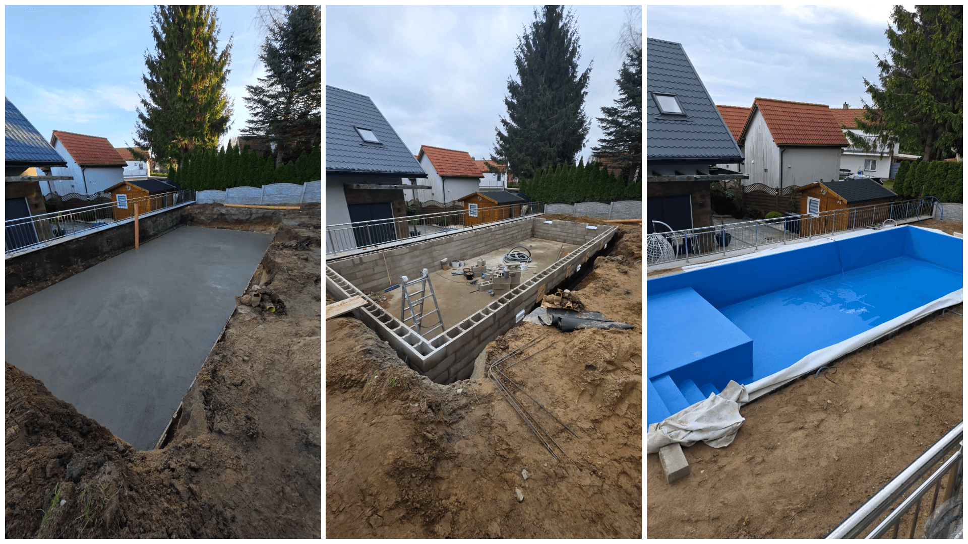 Budowa basenu betonowego krok po kroku — od wylanej płyty dennej, przez nieckę z bloczków, po gotowy basen z folią. Realizacja JML-SPA