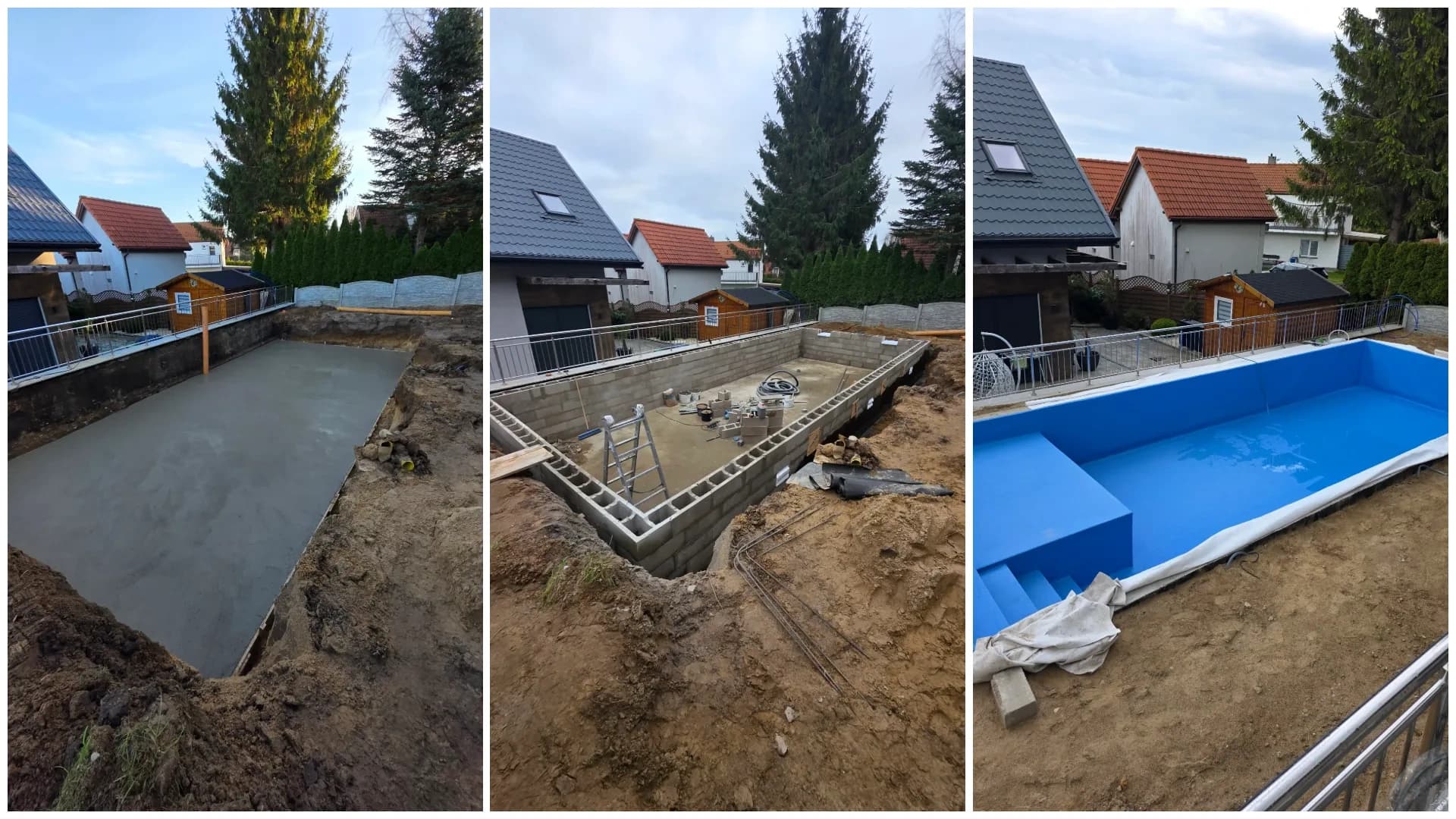 Budowa basenu betonowego krok po kroku — od wylanej płyty dennej, przez nieckę z bloczków, po gotowy basen z folią. Realizacja JML-SPA