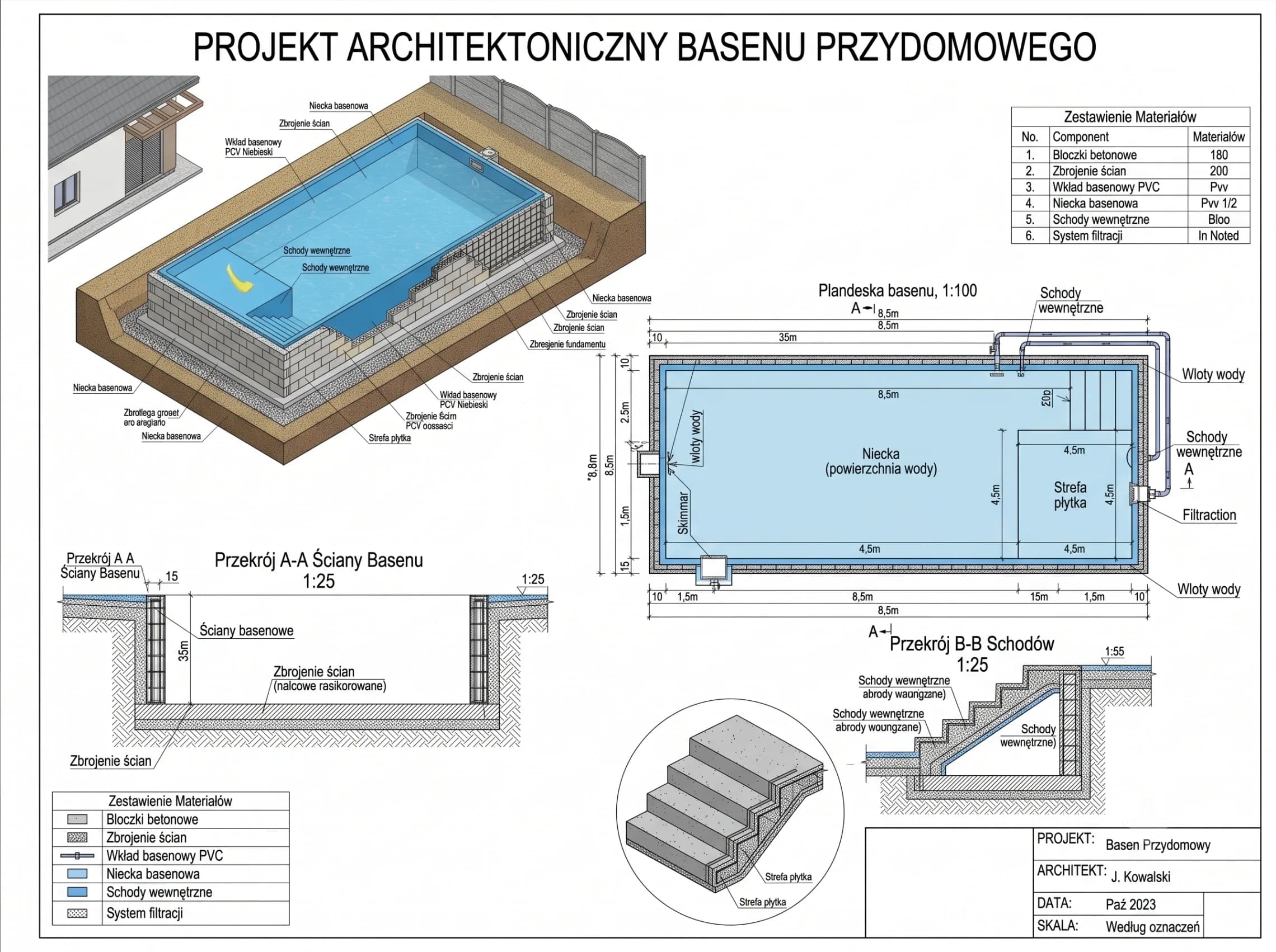 Projekt architektoniczny basenu przydomowego — rysunek techniczny JML-SPA